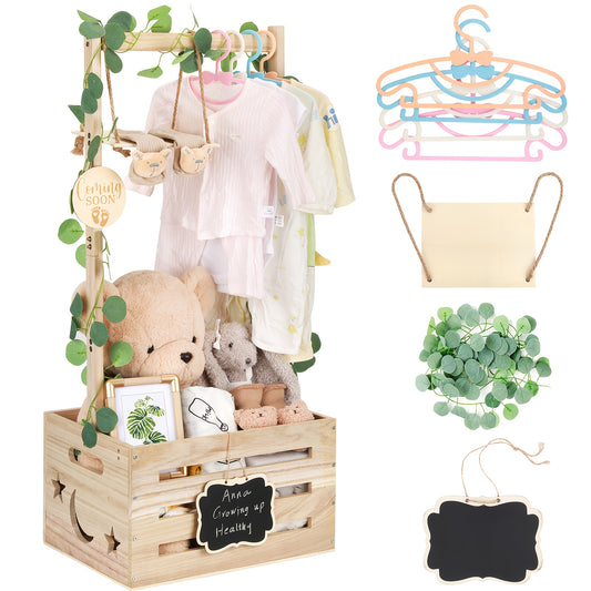 Wooden Baby Shower Gift Crate with Handle, Large 4-in-1 Assembly Basket for Pregnancy and New Parent Gift Displays and Keepsake Storage