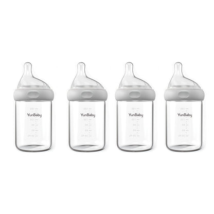 Slow Flow Glass Baby Bottles by YunBaby, 180 mL White Feeding Bottles with Listed Natural Rubber Nipples, Newborn 0+ Label and 1–6 Pack Options