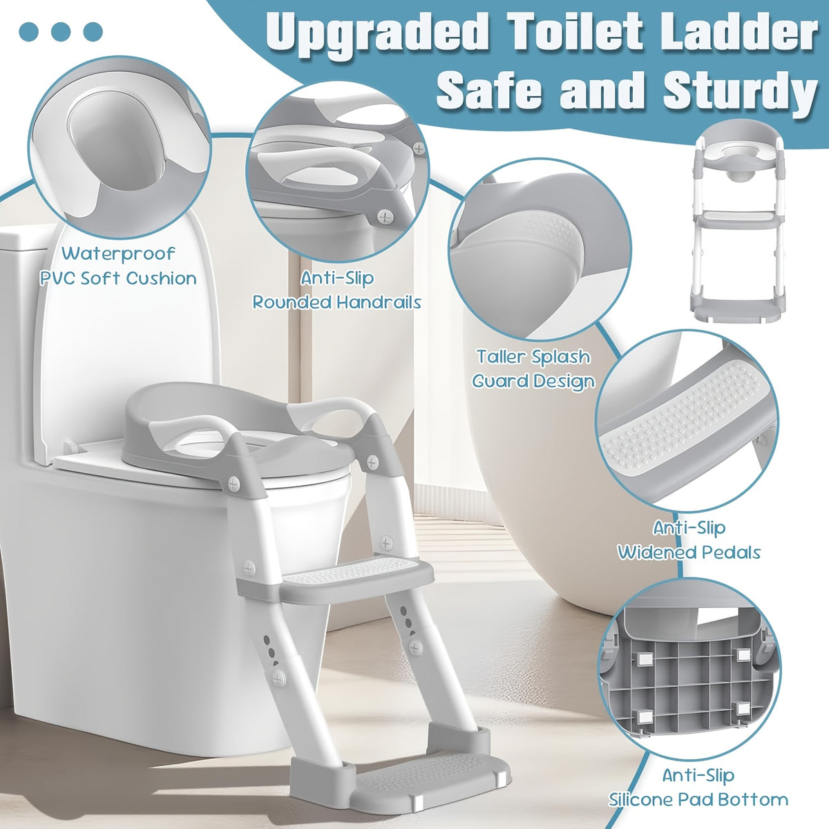 Toddler Potty Seat with Safety Harness, 3-in-1 Foldable Portable Toilet Trainer and Adjustable Step Stool for Boys and Girls