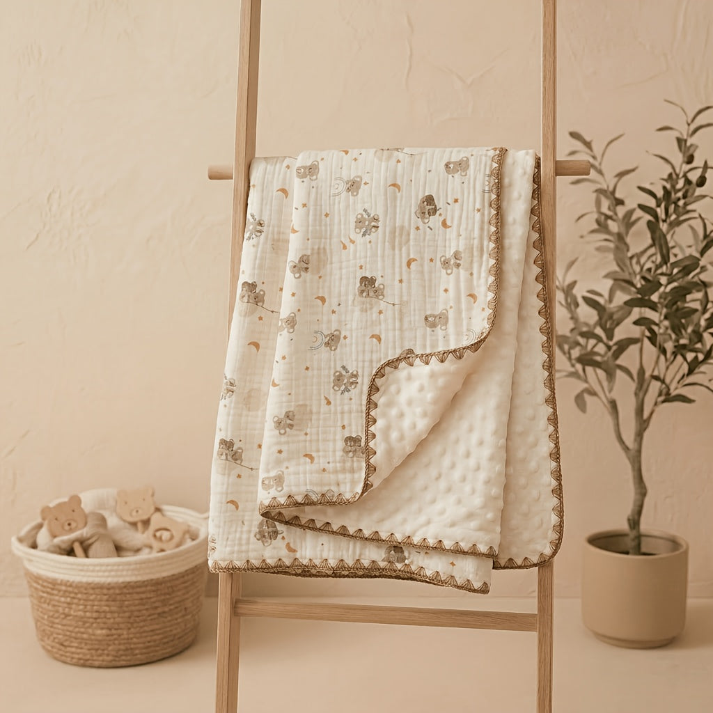 Double-Layer Baby Blanket with Cotton Gauze and Minky Dot Backing, 39.37 x 39.37 Inch Newborn Wrap in Bear, Rabbit and Dinosaur Prints