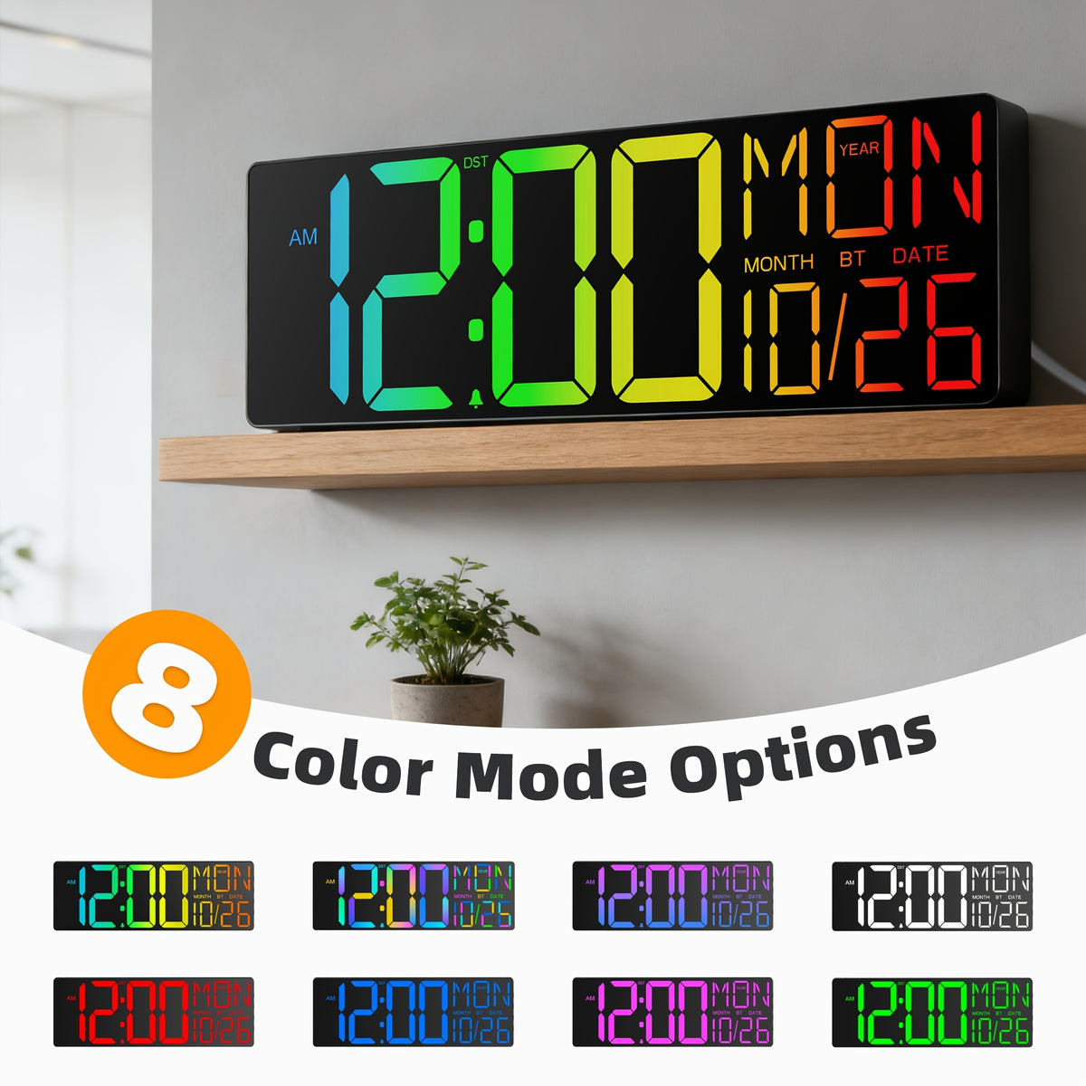 LED Digital Wall Clock 18 Inch with 8 RGB Display Colors, Remote Control and 10-Level Dimming, Timer, Temperature and Alarm for Home Rooms