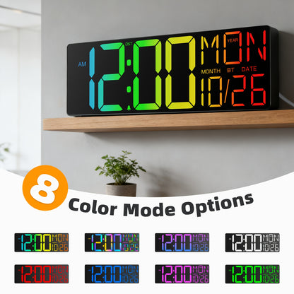 LED Digital Wall Clock 18 Inch with 8 RGB Display Colors, Remote Control and 10-Level Dimming, Timer, Temperature and Alarm for Home Rooms