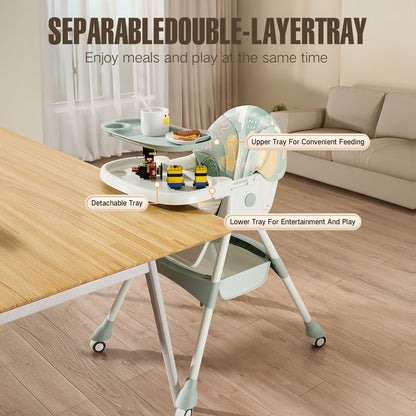 Double Tray Baby High Chair, Adjustable PU Leather Dining Seat with Five-Point Harness and Detachable Two-Layer Tray for Home Mealtimes