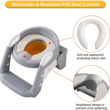 Convertible Toddler Potty Seat with Double-Step Ladder, 2-in-1 Foldable Toilet Trainer with Removable PVC Cushion, Splash Guard and Side Handles