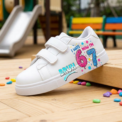 Kids Birthday Sneakers with I Was 6 Now I'm 7 Print, White Low-Top Triple-Strap Cartoon Shoes for Boys and Girls, Party Outfits and Everyday Casual Wear