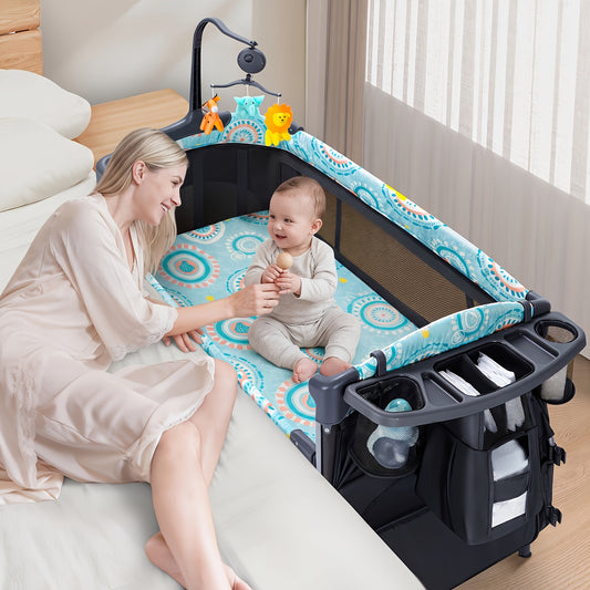 Portable Baby Bassinet 5-in-1 with Detachable Changing Table, 3 Height Settings, Mattress and Storage Shelf, Blue Nursery Playard Setup