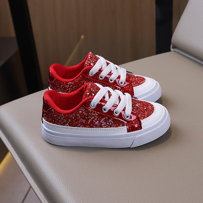Red Sequin Skate Sneakers for Kids, Lace-Up Shoes with Soft Breathable Lining and Elastic Sole, Easy On/Off for School, Sports and Casual Wear, US 11.5 and 13.5 Little Kid