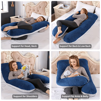 Velvet Cover U-Shaped Pregnancy Pillow, Full Body Maternity Sleeping Pillow with Detachable Soft Velvet Cover, Essential Comfort Support for Pregnant Women and Expectant Mothers