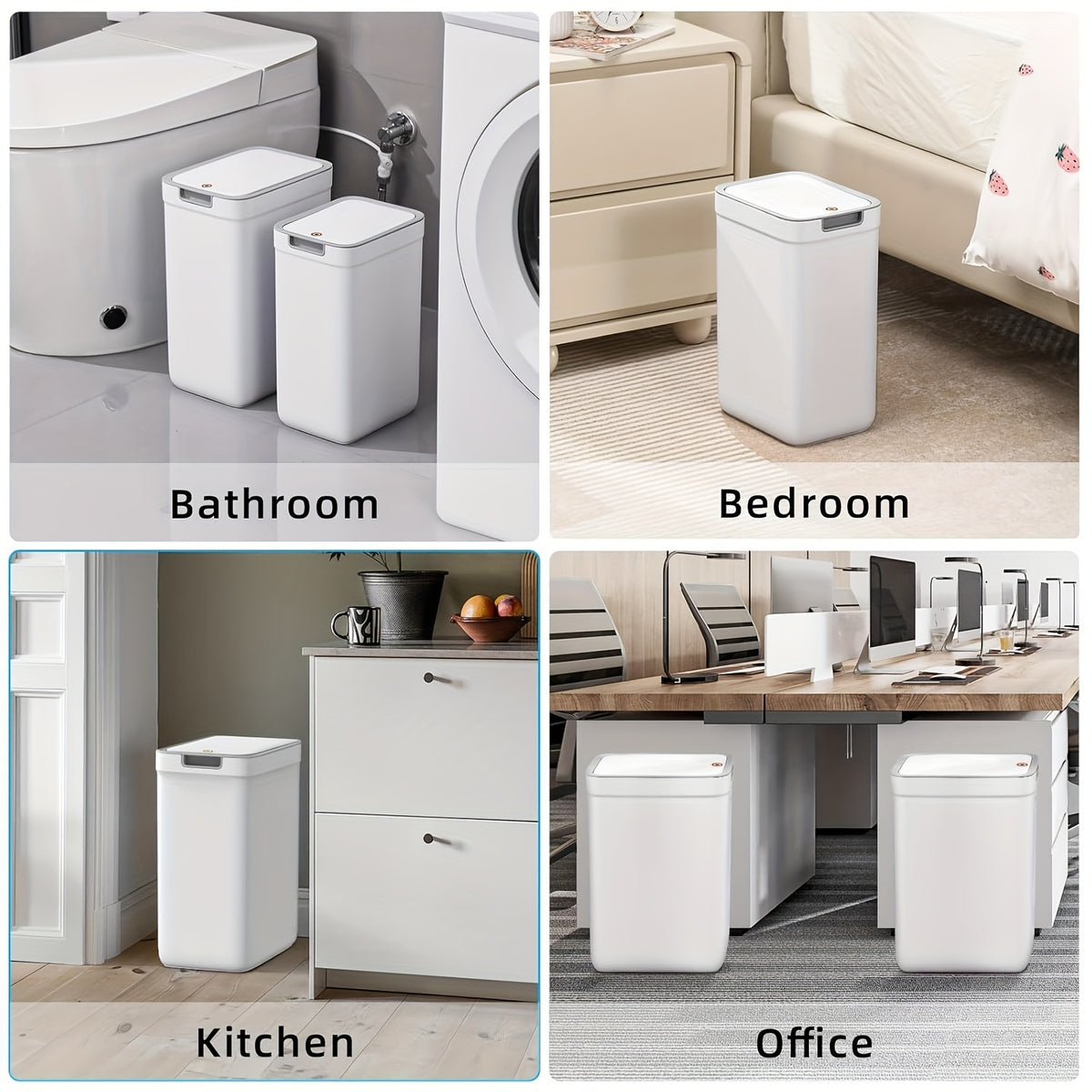 Push-Lid Bathroom Trash Can Set, Slim Plastic Waste Bins for Small Spaces with Removable Bag Rings, 2.4 and 3.6 Gallon Sizes for Home or Office