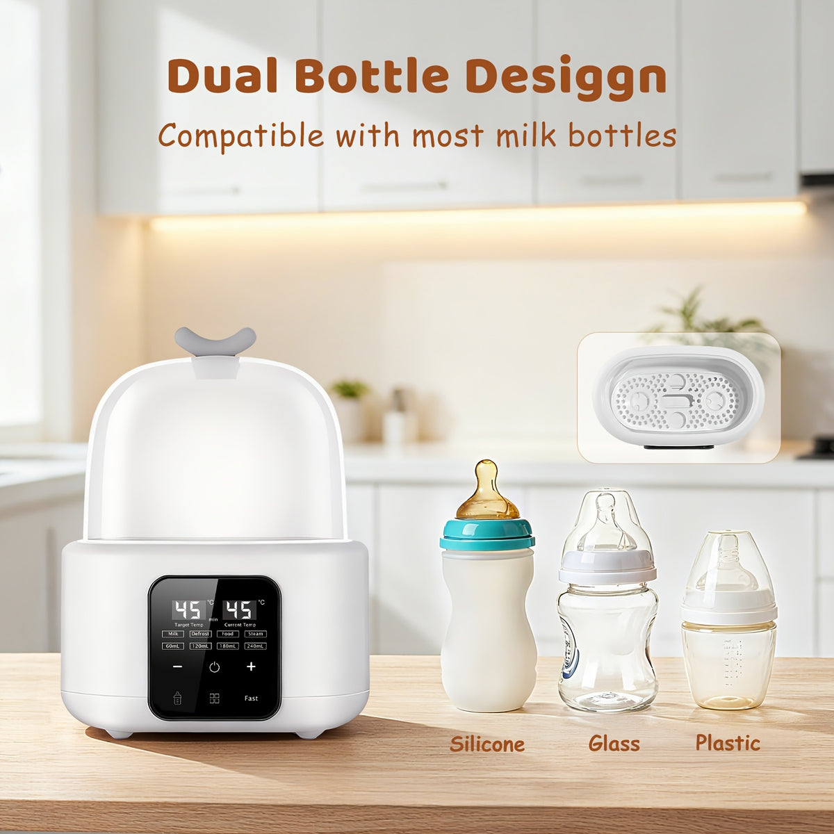Digital Baby Bottle Warmer 6-in-1 with Timer and Adjustable Temperature, White Countertop Milk Heater with Defrost, Keep Warm and Food Jar Warming