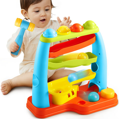 Toddler Ball Drop Toy with Hammer, Four-Tier Pounding and Rolling Track with 5 Colorful Balls for Cause-and-Effect Play, Ages 18 Months and Up