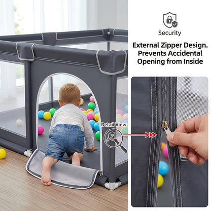 Baby Playpen Fence with Soft Breathable Mesh, Indoor Outdoor Kids Activity Enclosure in Gray or Beige with Size and Mat Bundle Options