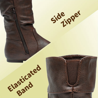 Kids' Winter Boots with Faux Fur Lining, Knee-High Side-Zip Fashion Boots with Elastic Gore for Toddler, Little Kid & Big Kid, Black & Brown