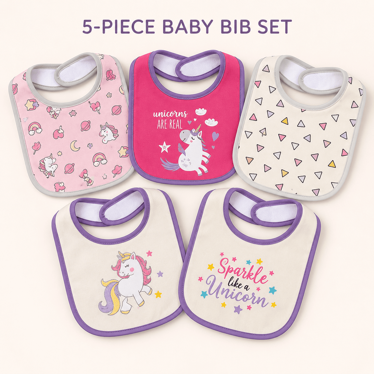 Double-Layer Cotton Baby Bibs 5-Pack with Cartoon Designs, Absorbent Adjustable Feeding Bib Set for Boys and Girls Ages 0–3 Years
