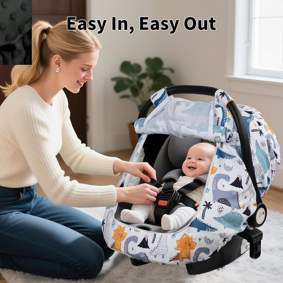 Blue Dinosaur Baby Car Seat Canopy Cover, Lightweight Infant Carrier Shade with Two-Layer Mesh Windows for Supervised Stroller Outings and Travel