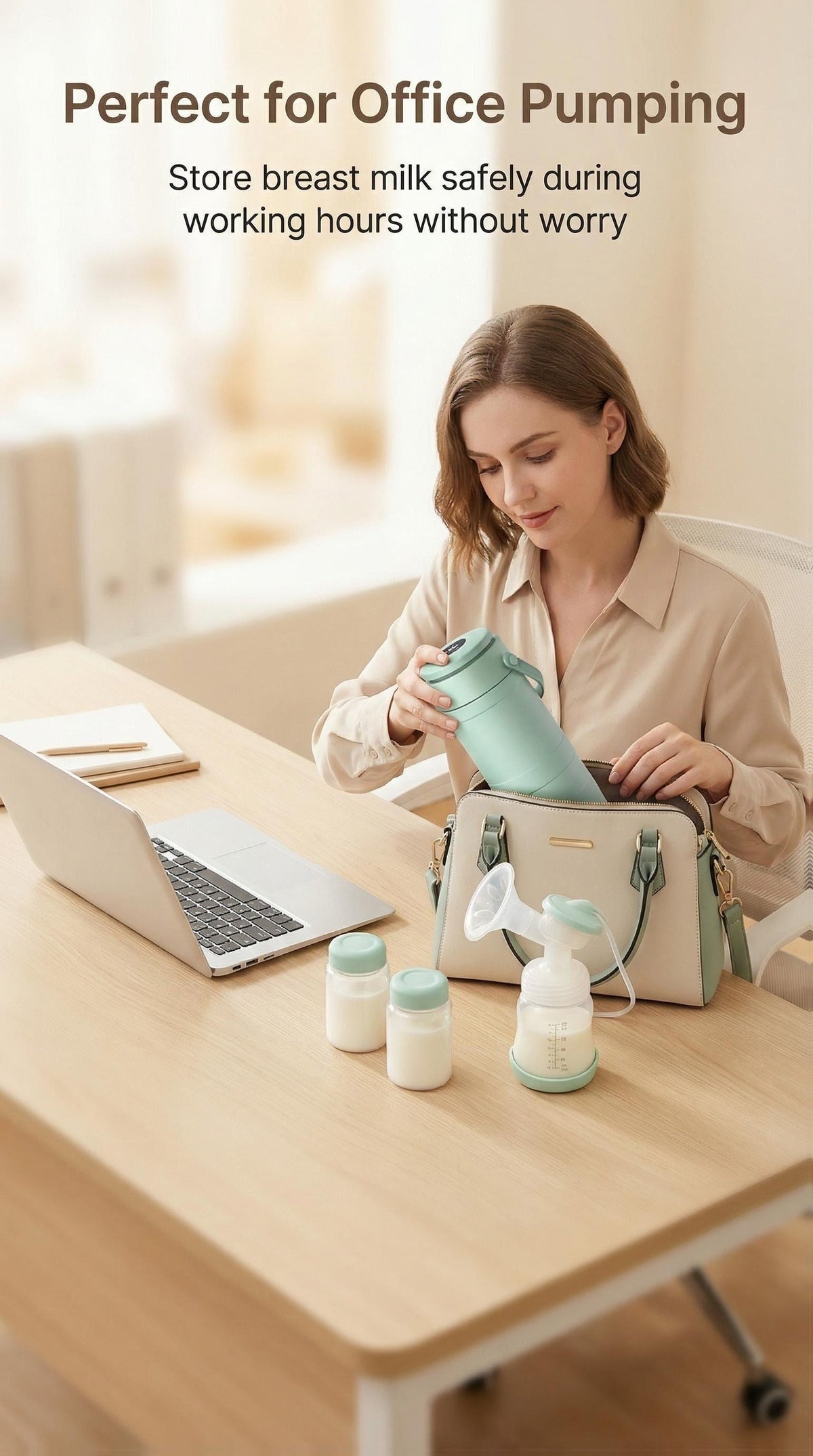 Breast Milk Cooler with 2 Storage Bottles, Portable 360° Surround Cooling Chiller with Carry Handle for Pumping Moms, Work and Travel