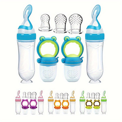 Baby Food Feeder Set, 7-Piece Silicone Squeeze Spoon Bottles and Fresh Fruit Feeders with Three Nipple Sizes for Everyday Complementary Feeding