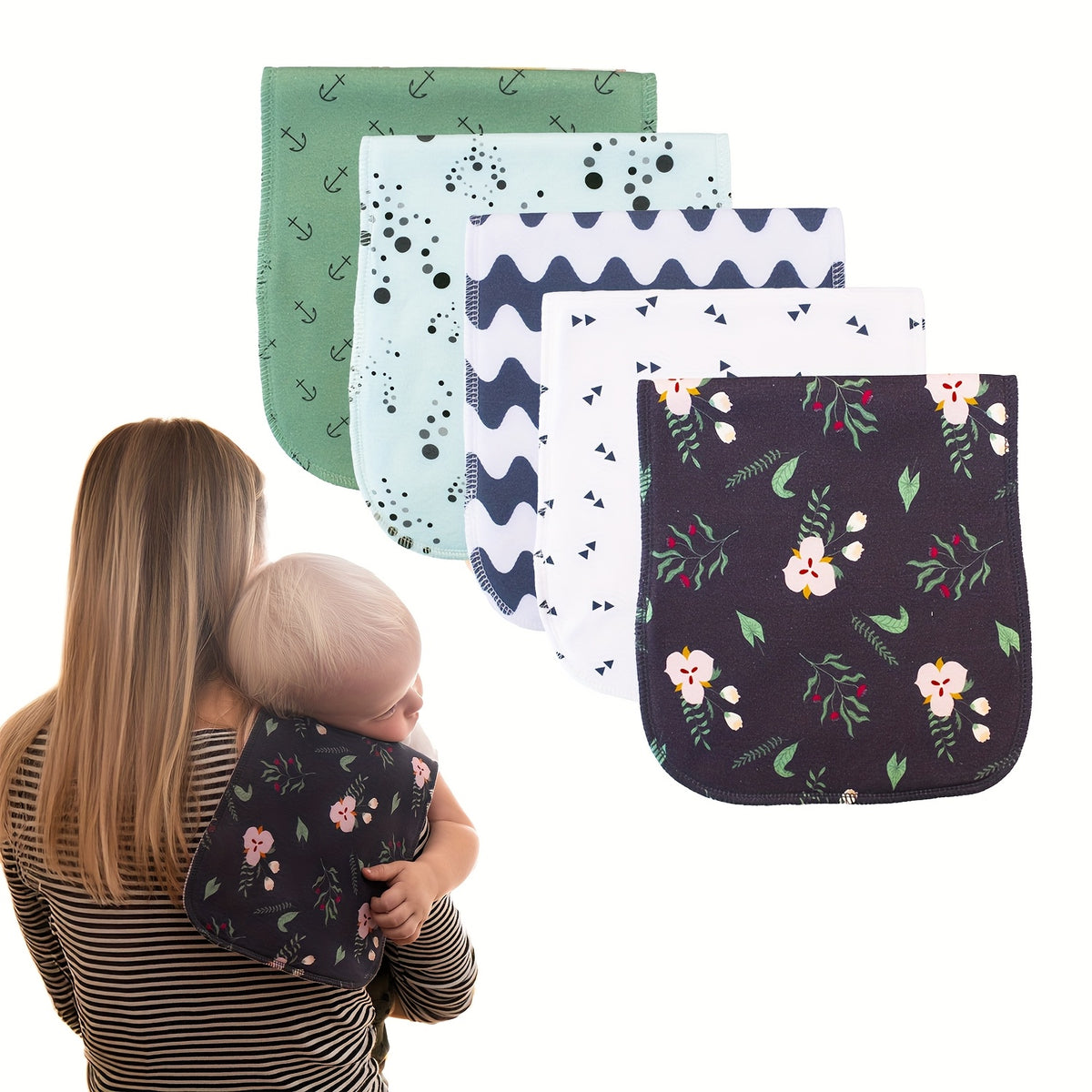 Contoured Burp Cloths 5-Pack for Newborn Feeding, Soft Absorbent Shoulder Burp Rags with Printed Pink, Blue and Mixed Color Style Options