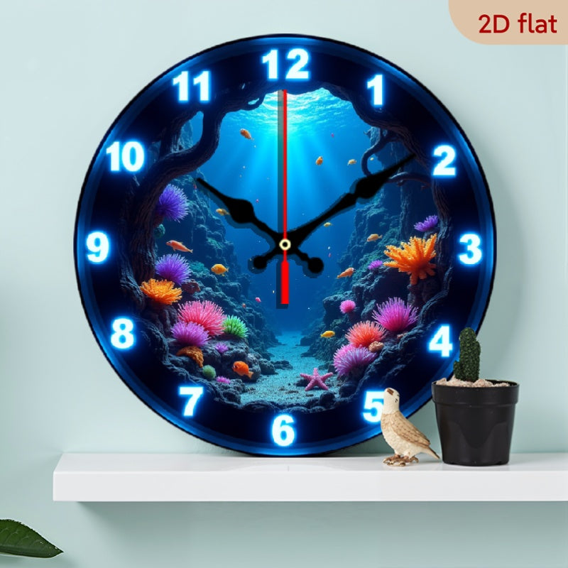 Underwater Nursery Wall Clock 10 Inch with Glow-in-the-Dark Fish and Coral Print, Silent Round 2D Flat Clock for Ocean-Themed Room Decor