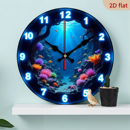Underwater Nursery Wall Clock 10 Inch with Glow-in-the-Dark Fish and Coral Print, Silent Round 2D Flat Clock for Ocean-Themed Room Decor