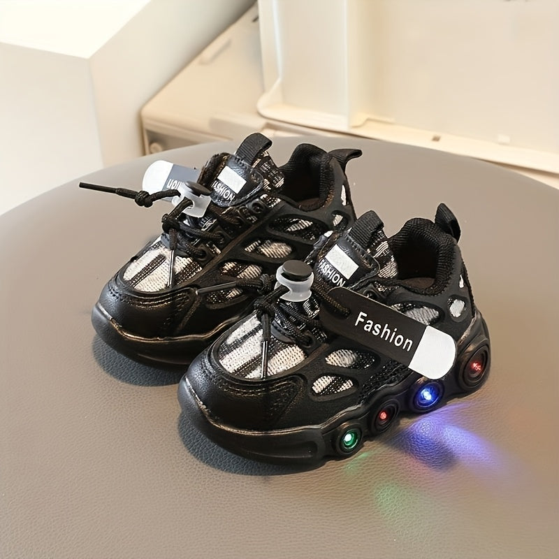 Color-Changing LED Toddler Shoes with Cartoon Design, Light-Up Kids Sneakers in Black or White for Boys and Girls, US Toddler and Little Kid Sizes
