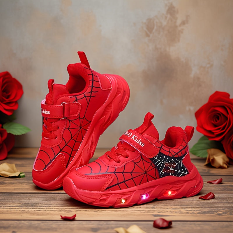 Boys LED Light-Up Mesh Sneakers with Spider-Inspired Design, Red Blue or Black Casual Running Shoes for Toddler, Little Kid and Big Kid Sizes