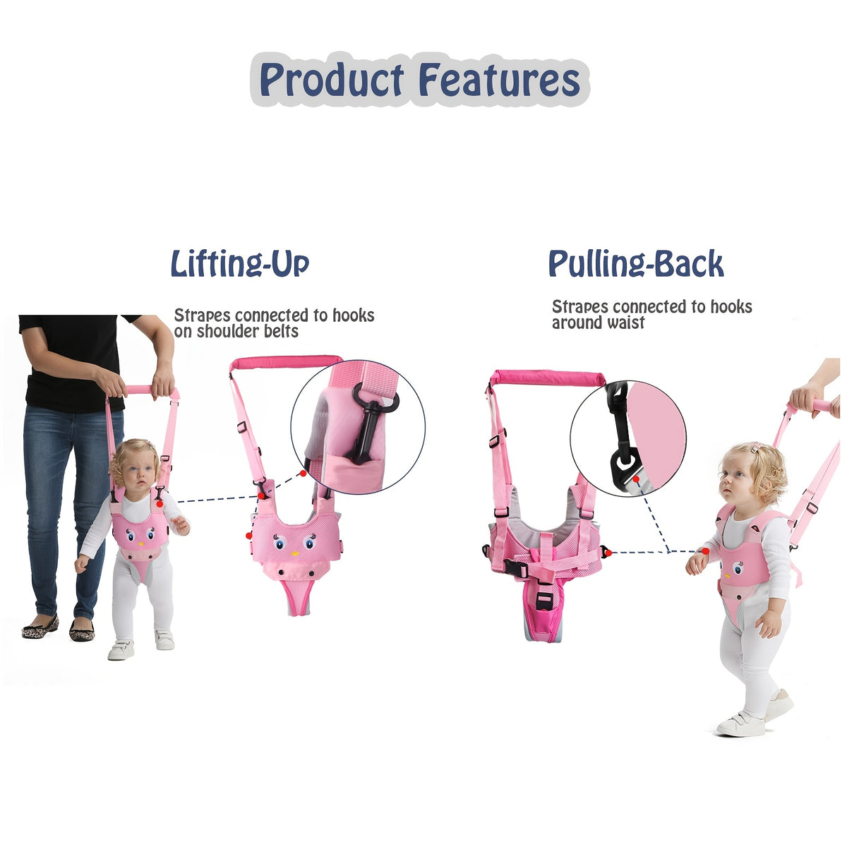 Baby Walking Aid Belt for 8-24 Months, Adjustable Pink Cartoon Toddler Support Harness for Supervised Indoor First-Step Practice