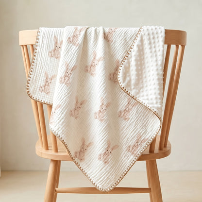 Double-Layer Baby Blanket with Cotton Gauze and Minky Dot Backing, 39.37 x 39.37 Inch Newborn Wrap in Bear, Rabbit and Dinosaur Prints