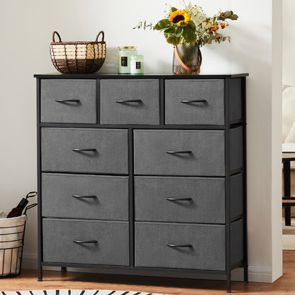 Fabric Drawer Dresser for Bedroom Storage with Metal Frame and Wood Tabletop, 9 or 10 Drawer Closet Organizer Tower for Clothes, Living Room or Entryway