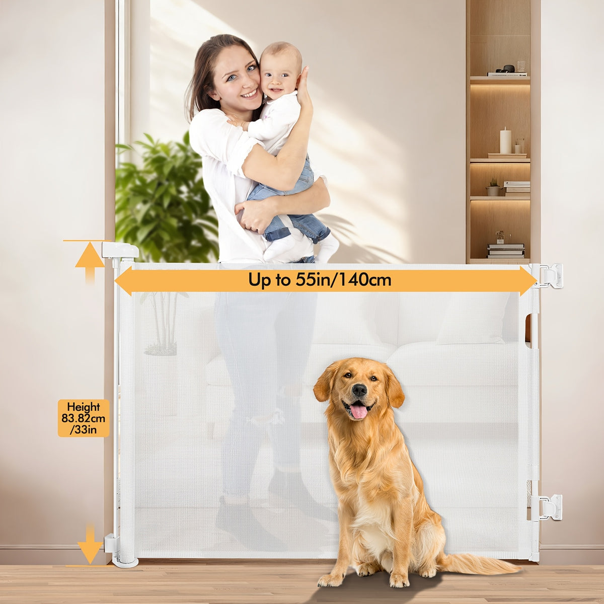 Retractable Mesh Baby Gate for Doorways, Hallways and Stairs, VERASTE Hardware-Mounted Expandable Barrier in 33-Inch and 41-Inch Height Options