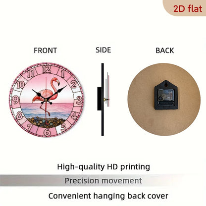 Flamingo Nursery Wall Clock 10 Inch with Pink Sunset Beach Print, Silent Non-Ticking 2D Flat Round Clock for Coastal Kids Room Decor