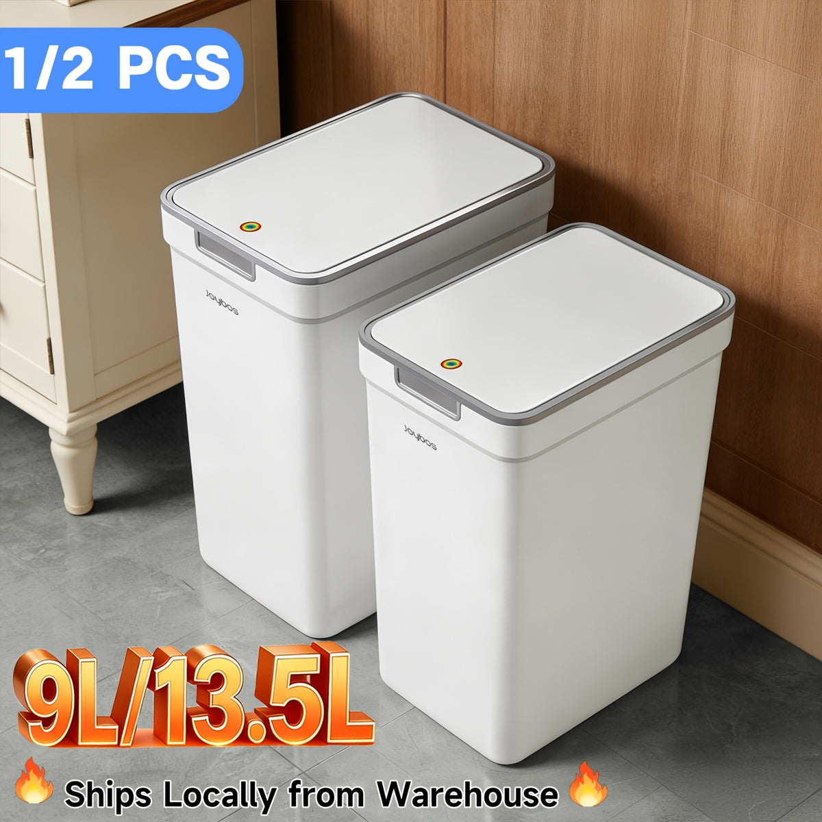 Push-Lid Bathroom Trash Can Set, Slim Plastic Waste Bins for Small Spaces with Removable Bag Rings, 2.4 and 3.6 Gallon Sizes for Home or Office