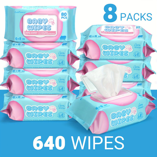 Unscented Baby Wet Wipes Bulk 8-Pack, 640 Extra-Thick Alcohol-Free Wipes for Infants and Toddlers, 80 Wipes Per Pack for Daily Diaper Changes