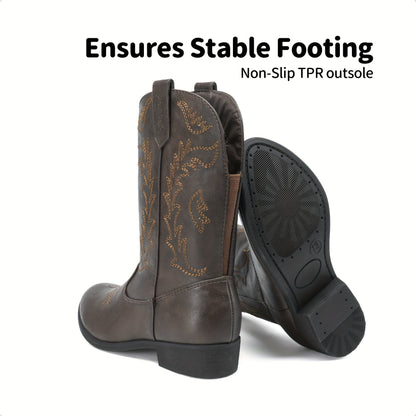 Embroidered Mid-Calf Western Riding Boots for Kids - Pull-On Cowboy Cowgirl Boots with Round Toe, Soft Lining & Flexible TPR Sole for Boys & Girls, Little Kid & Big Kid Sizes
