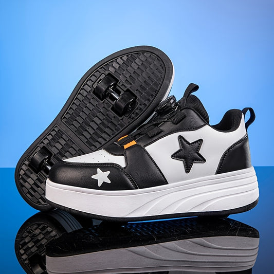 Boys Mesh Roller Sneakers with Removable Wheels, Black Low-Top Skate Shoes with TPR Insole and 2-Wheel or 4-Wheel Options for Outdoor Play
