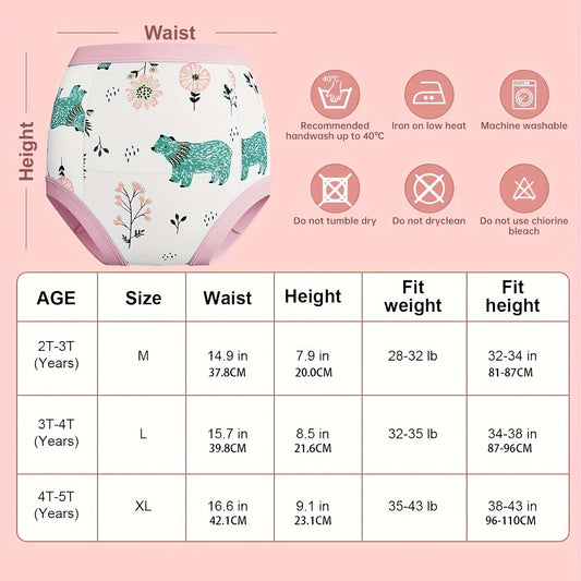 Girls Absorbent Potty Training Underwear, Pink Toddler Toilet Learning Pants for Daytime Practice in 2-3T, 3-4T and 4-5T Sizes