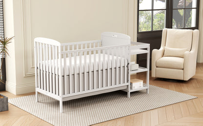 Baby Crib with Changing Table, Goldzone 4-in-1 Convertible Wooden Nursery Crib with Four Mattress Heights, Two Storage Shelves and Toddler Bed Conversion, White