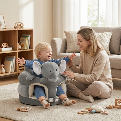 Plush Toddler Floor Seat with Back Support, Cartoon Elephant or Bear Baby Sofa Chair for Supervised Sitting and Play in Nursery or Living Room