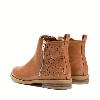 Girls Side-Zip Ankle Boots in Tan by DREAM PAIRS KIDS, Low-Heel Round-Toe Short Boots for Toddler, Little Kid and Big Kid Fall Outfits
