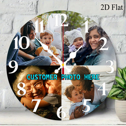 Quartz Photo Wall Clock for Nursery with Personalized Picture Panel, Silent Round 12-Inch Analog Timepiece with Artificial Wood Frame for Room Decor