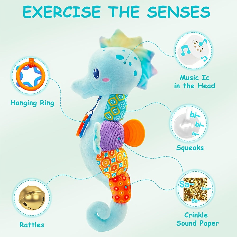 Infant Sensory Plush Toy for 0-6 Months, Soft Stuffed Animal with Crinkle Sounds, Rattle and Multiple Textures, Colorful Baby Gift for Tummy Time Play