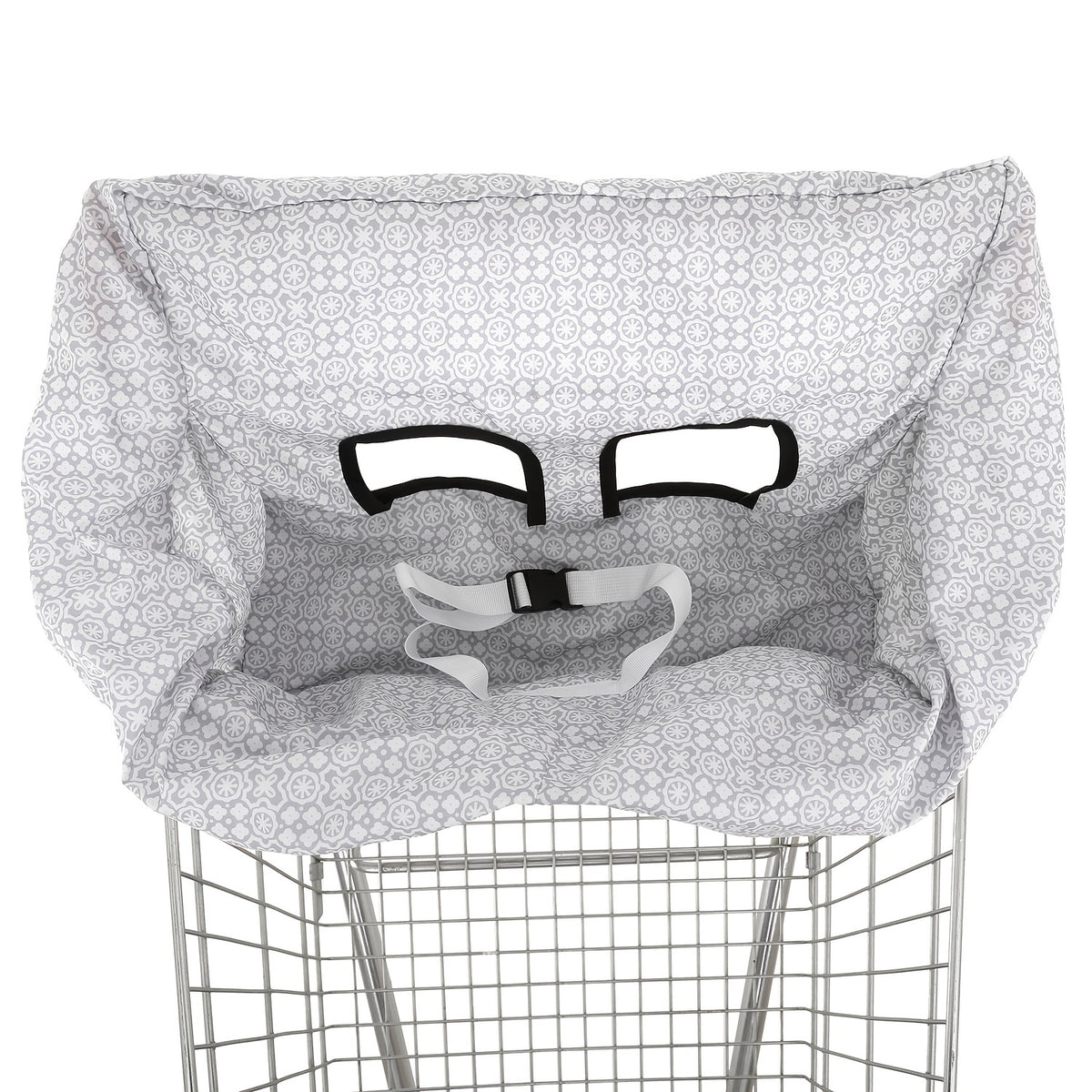 Padded Baby High Chair and Shopping Cart Seat Cover, Machine-Washable Portable Cushion with Attached Storage Bag in Grey Flower or Blue Owl