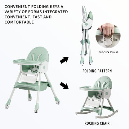 Convertible Baby Feeding Chair with Tray, Adjustable Folding High Chair with Padded Seat and Rocking Configuration for Home Mealtimes