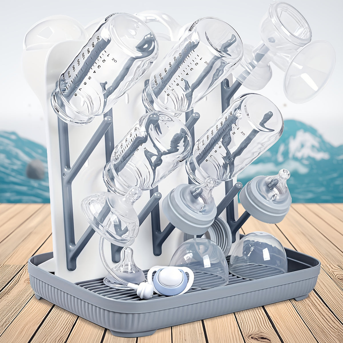 Vertical Baby Bottle Drying Rack, Large Space-Saving Holder for Bottles, Breast Pump Parts and Feeding Accessories, Sturdy Easy-Clean Design in Gray