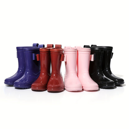 Girls Bow Rain Boots with Pull Tabs, Lightweight One-Piece Molded Toddler and Little Kid Boots in Pink, Burgundy, Dark Violet or Black for Rainy-Day Outings