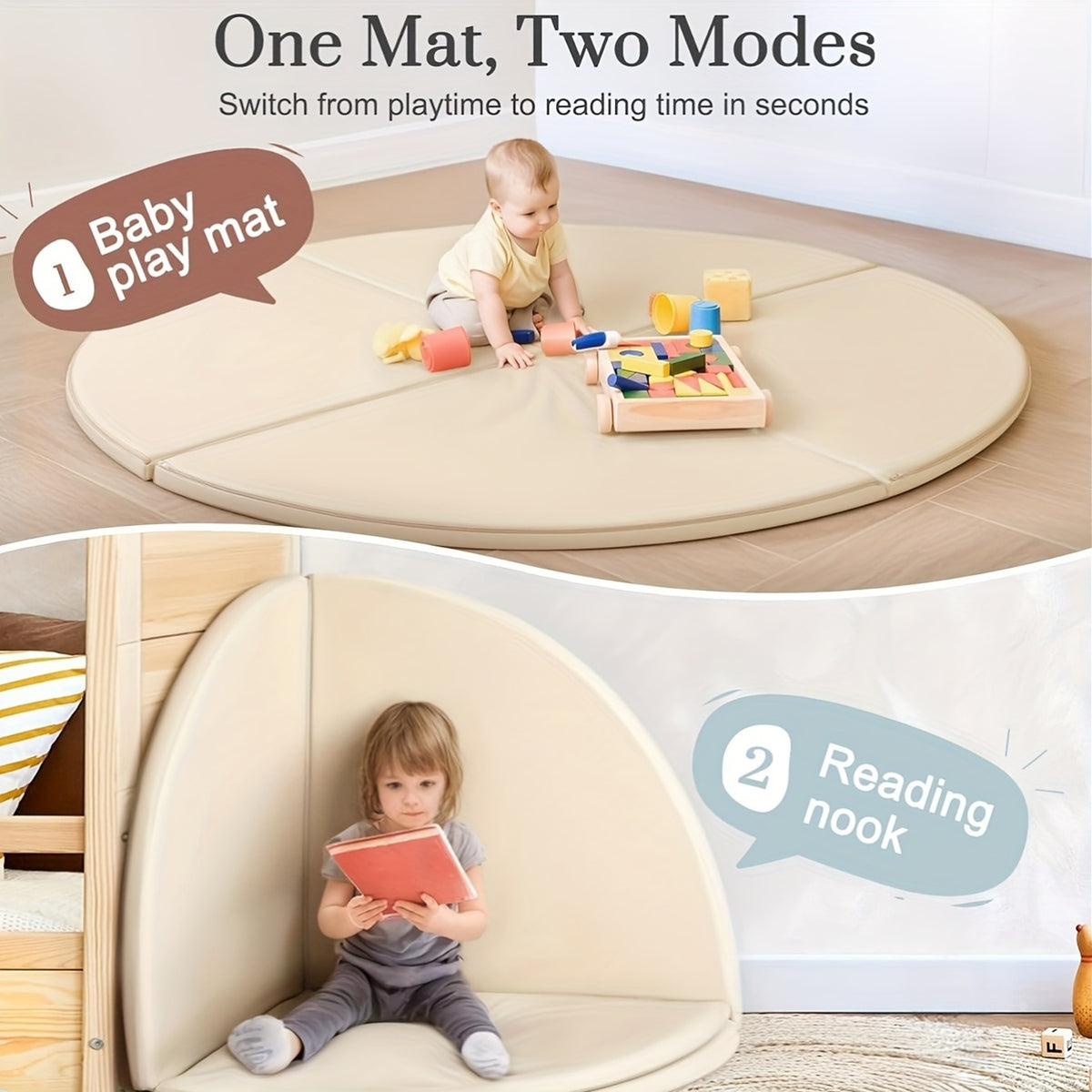 Modular Baby Play Mat in Beige with Four Foldable Foam Sections and Wipe-Clean Vegan Leather Surface for Supervised Floor Play and Nursery Corners