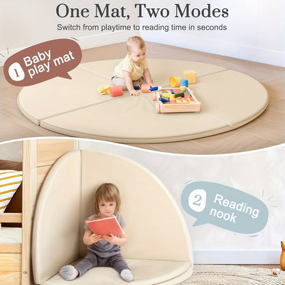 Modular Baby Play Mat in Beige with Four Foldable Foam Sections and Wipe-Clean Vegan Leather Surface for Supervised Floor Play and Nursery Corners