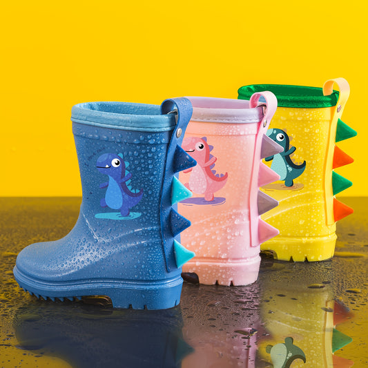 Toddler Dinosaur Rain Boots in Lemon Yellow, One-Piece PVC Water Boots with Slip-Resistant Design for Kids' Puddle Play and Rainy-Day Outings