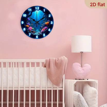 Underwater Nursery Wall Clock 10 Inch with Glow-in-the-Dark Fish and Coral Print, Silent Round 2D Flat Clock for Ocean-Themed Room Decor