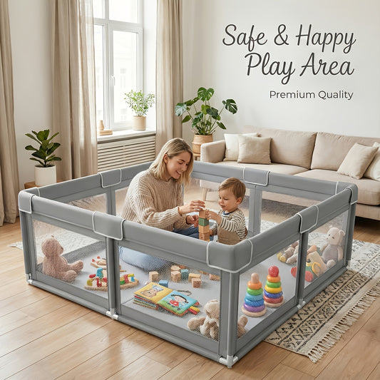Baby Playpen with Breathable Mesh for Indoor and Outdoor Play, Large Kids Activity Yard in Beige or Gray with Multiple Size Options